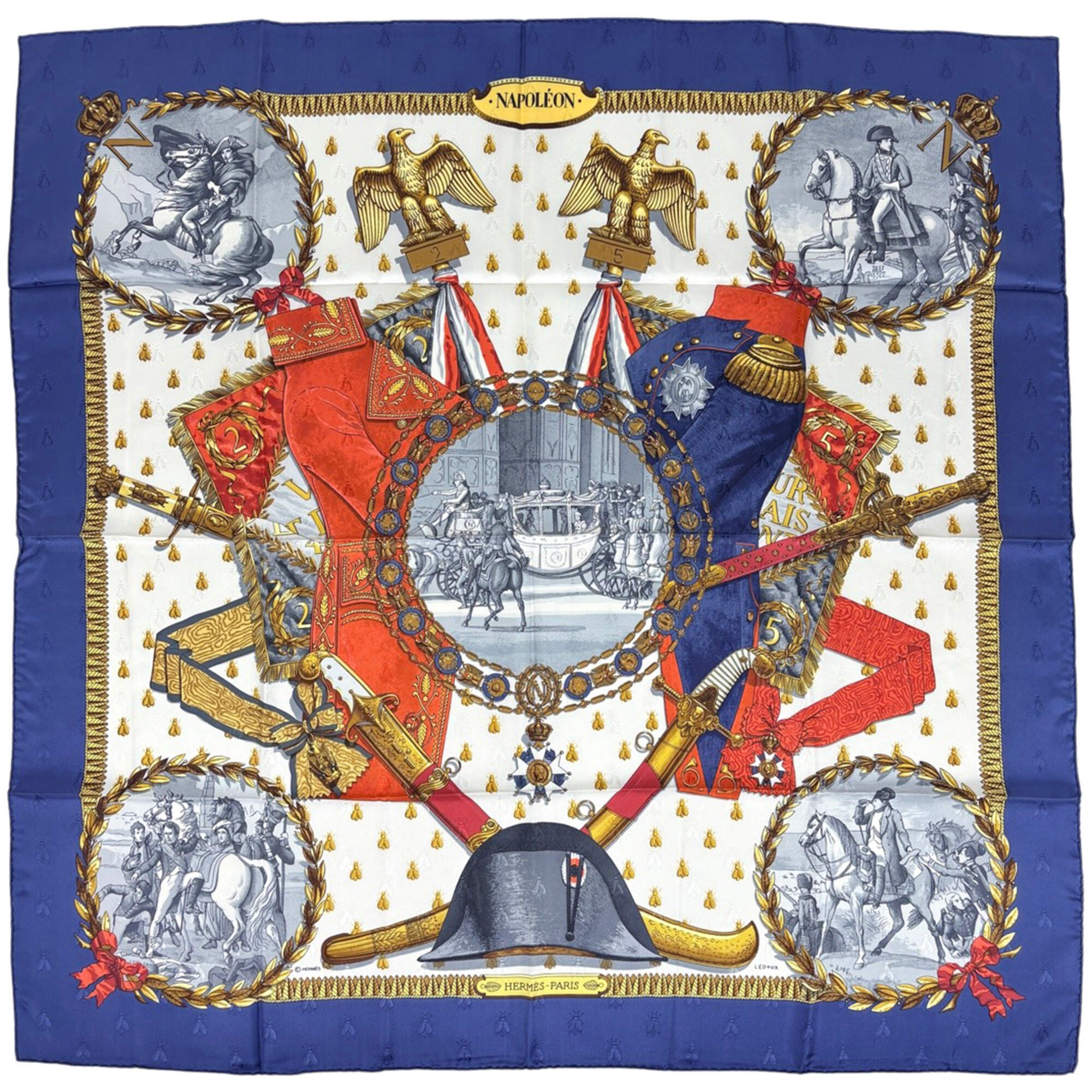 Hermes Carre 90 Napoleon Scarf/Muffler, Silk, Navy, Red, Multicolor, Women's